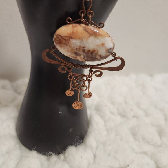 Gemstone Marble Oval Pendant Necklace – Copper Tone on Black Rope, Boho - Picture 4 of 11